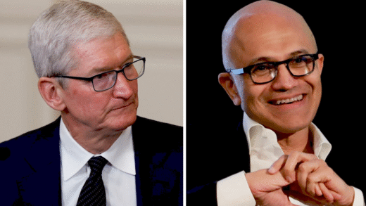 Логотипи Apple і Microsoft на фоні ринкової капіталізації